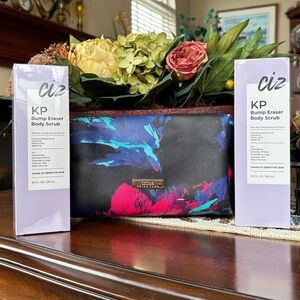 Set of 2 KP Bump Eraser Body Scrub Exfoliating & Trina Turk Zippered Makeup Bag
